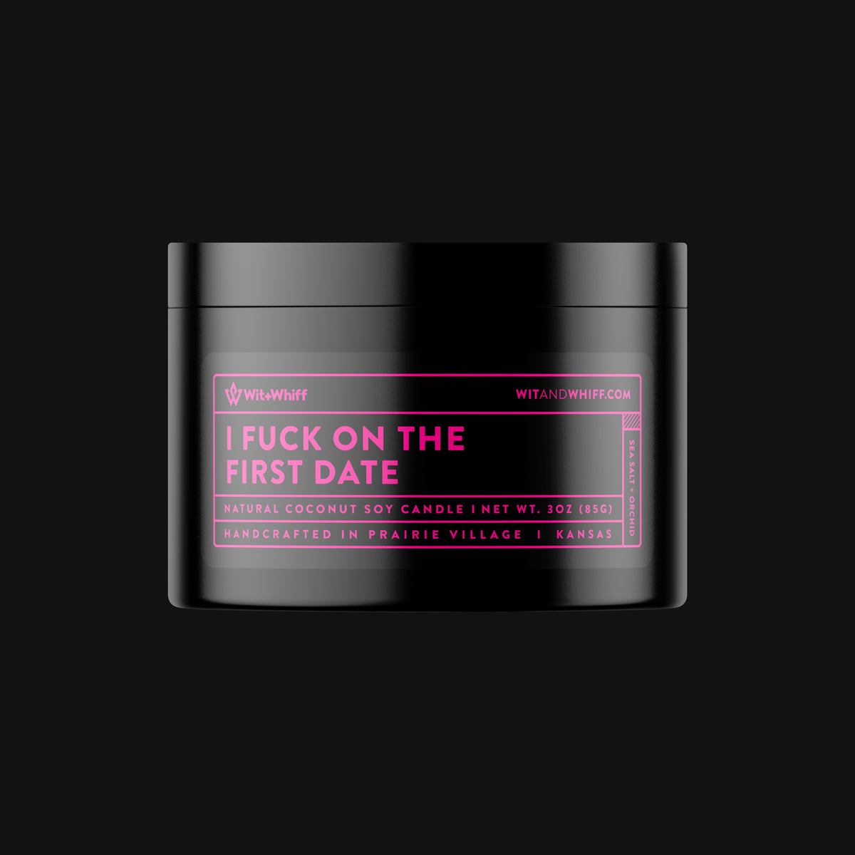 I Fuck On The First Date sea salt and orchid candle by Wit+Whiff, styled lifestyle photo